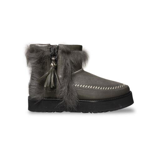 Ugg Fluff Punk Boot Black Olive Leather Sheepskin Stitch Mini Boots Size US 7