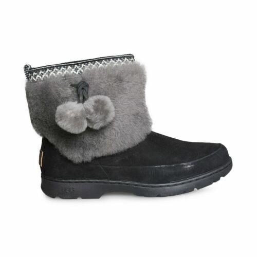 Ugg Brie Black Suede Sheepskin Cuff Waterproof Pom Pom Women`s Boots Size US 6