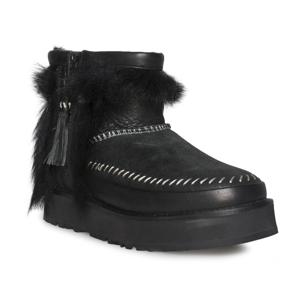 Ugg Fluff Punk Boot Black Leather Sheepskin Stitch Mini Boots Size US 6/UK 4