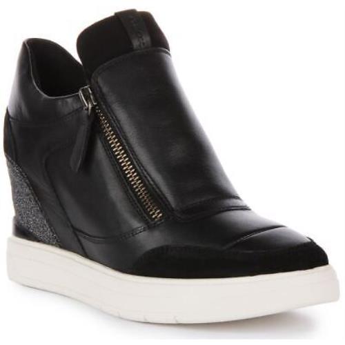 Geox D Maurica A Internal Wedge Zip Leather Sneaker Black Womens US 5 - 10