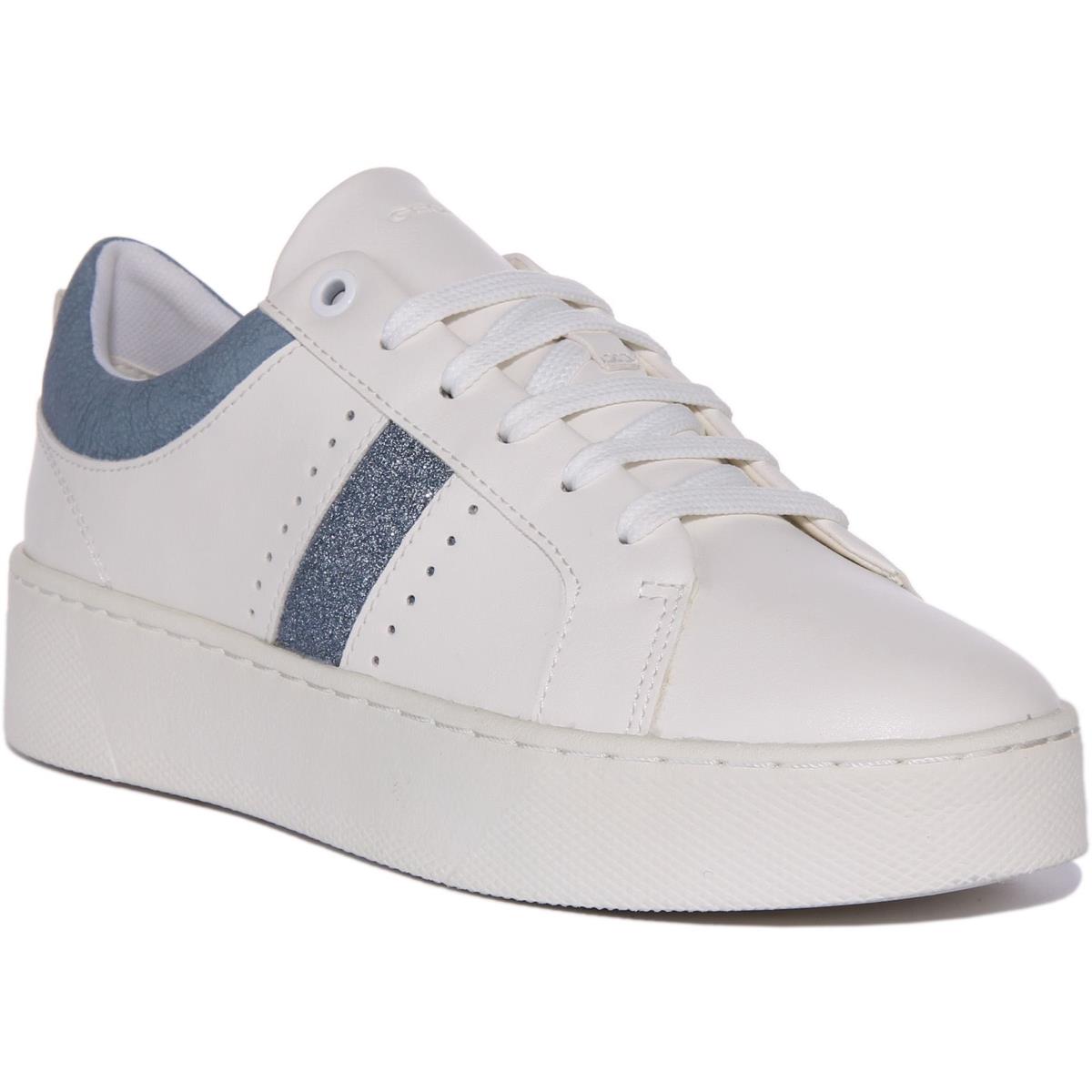 Geox D Skyely A Low Profile Glittered Sneaker White Blue Womens US 5 - 10 WHITE BLUE