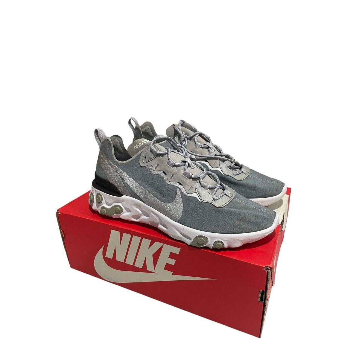 Nike Mens React Element 55 Size 10 Metallic Silver White Gray Black BQ6166-007 - Gray