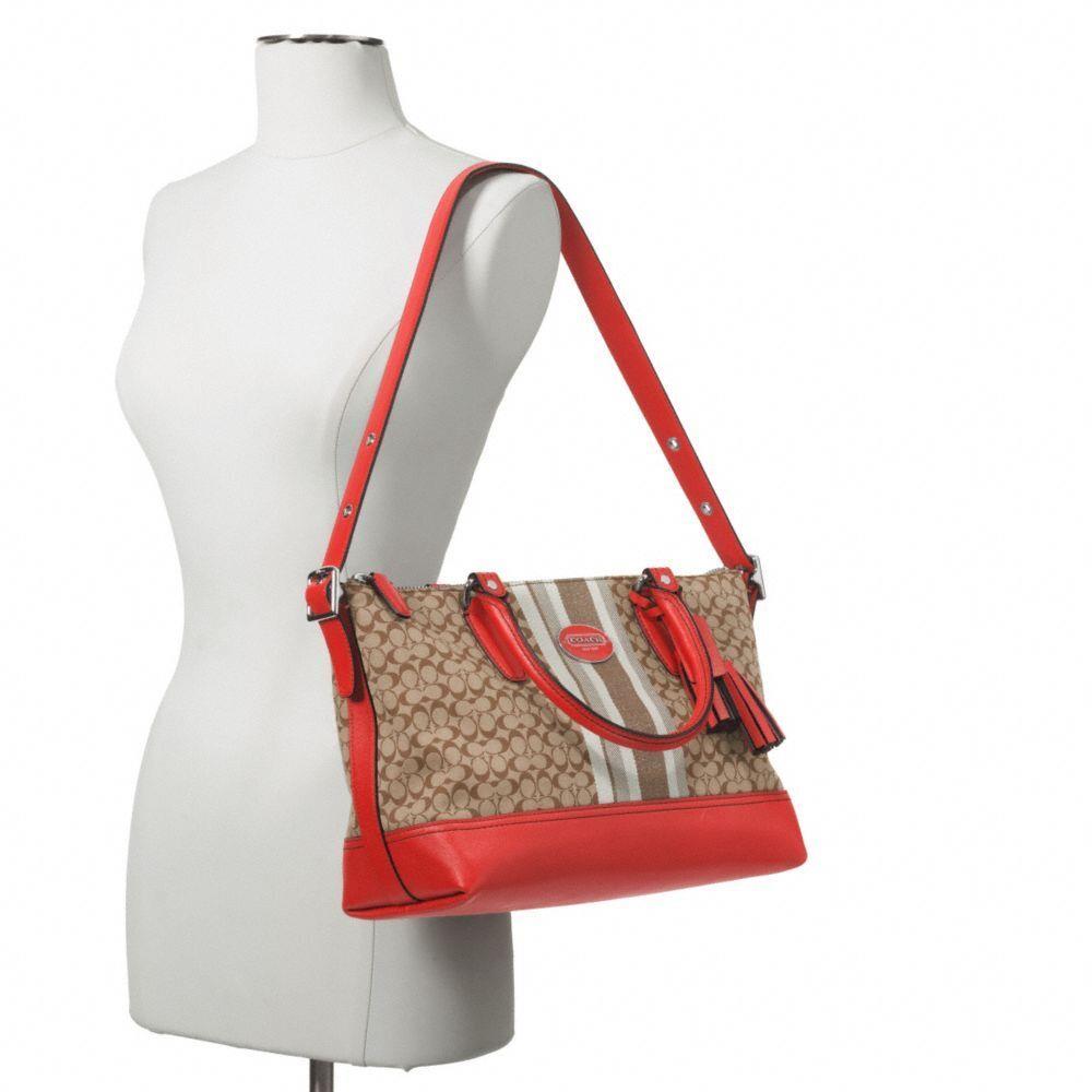 Coach Signature Stripe Eastwest Satchel Shoulder Bag 29622 Sv/khaki/carnelia - Exterior: Silver/Khaki/Carnelian