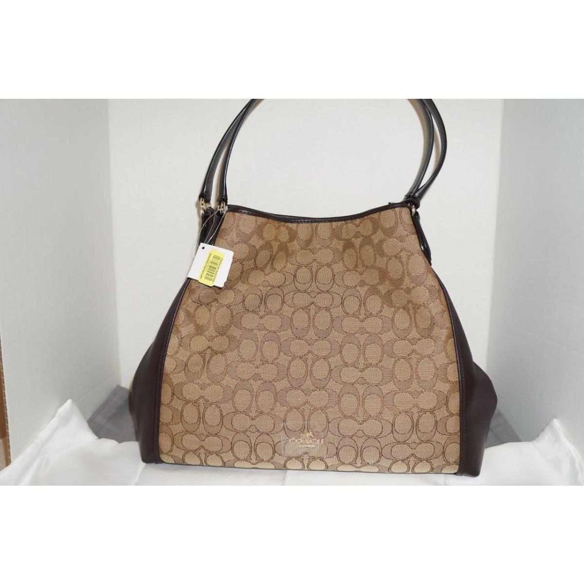 Coach Signature Edie Light Khaki/brown Jacquard/leather Shoulder Bag/purse 33523