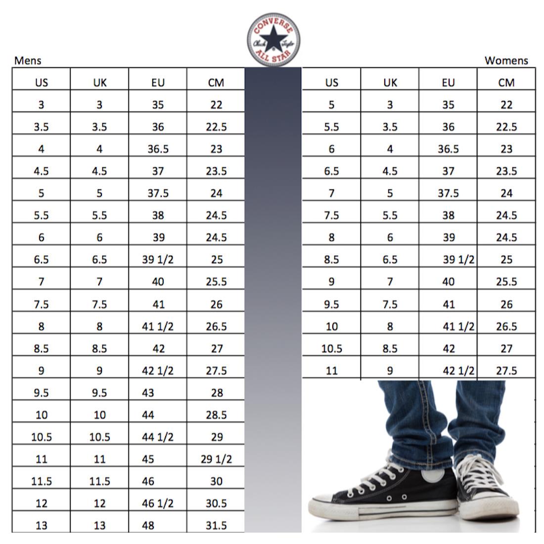 Converse size chart shoes hotsell