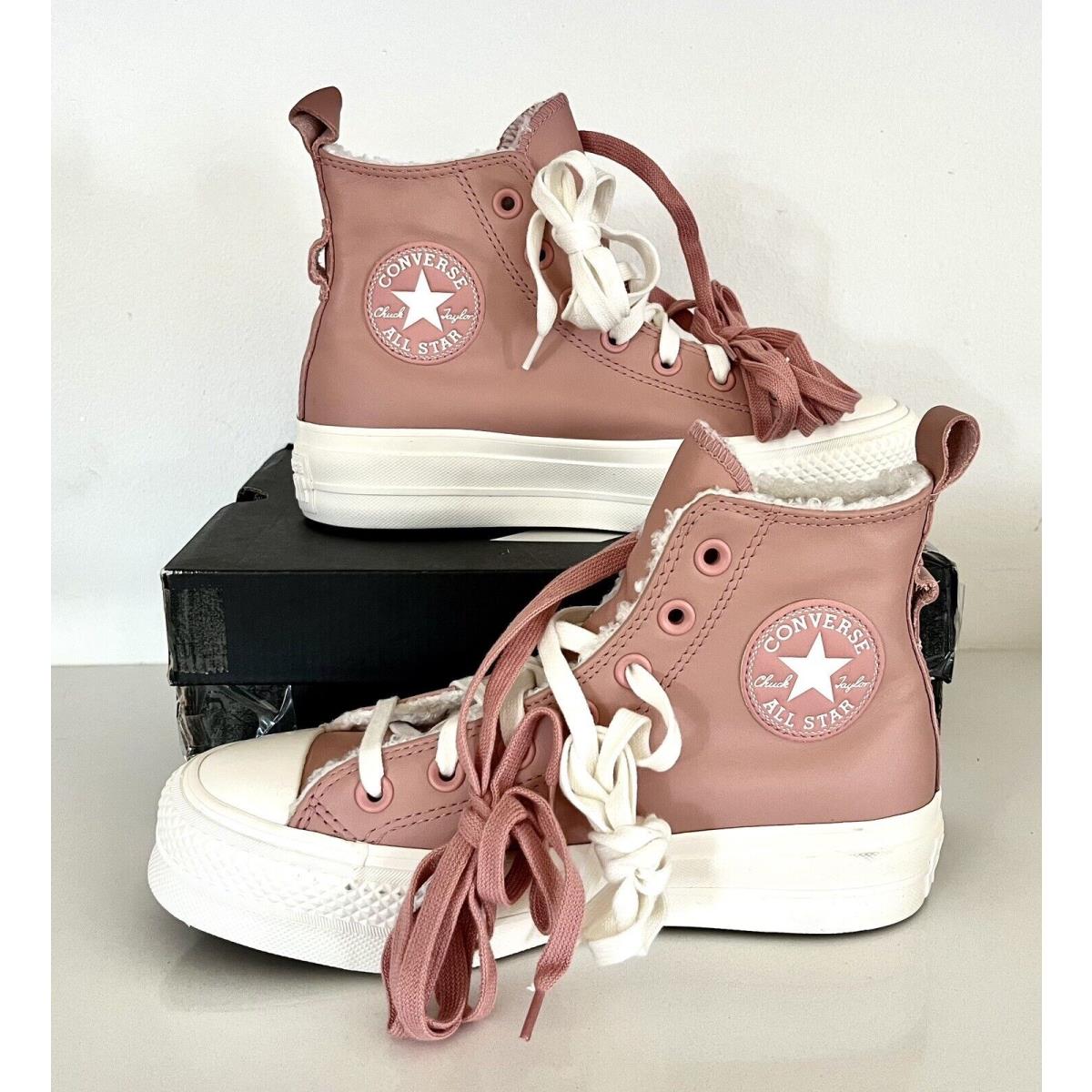 Converse Women 6.5 All Star Chuck Taylor Pink Lift Hi Sherpa Lined 2 Pair Laces