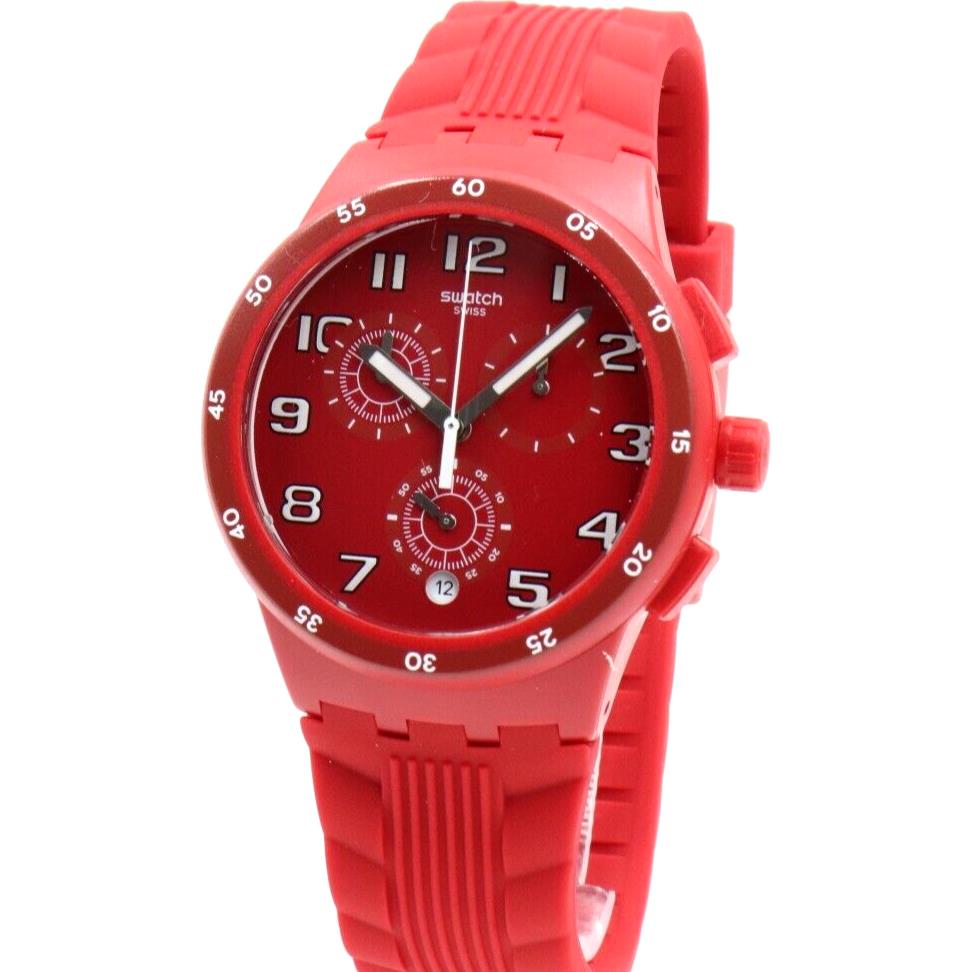 Swiss Swatch Originals Red Step Chrono Silicone Date Watch 42mm SUSR404 - Dial: Red, Band: Red, Bezel: Red