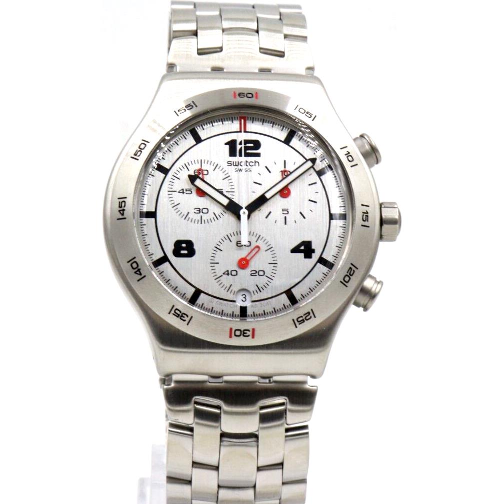 Swiss Swatch Irony Silver Again Chronograph Date Steel Watch 44mm YVS447G
