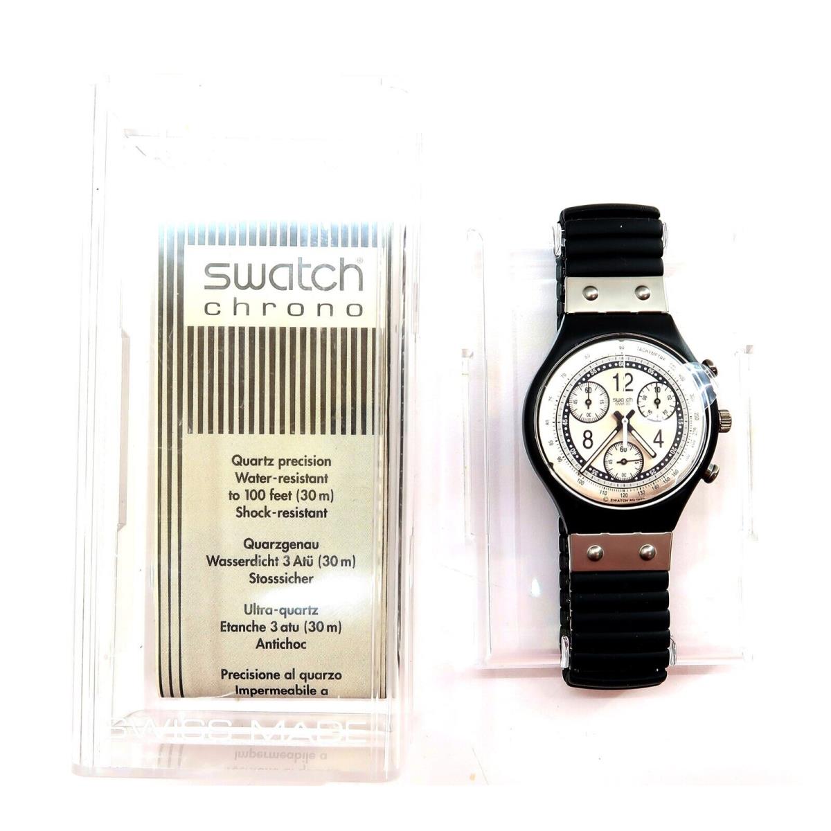 Swatch Chrono Watch Metal Edge SCB119 with Case and Papers 1997 Gents Nos - Dial: Silver, Band: Black, Bezel: Clear