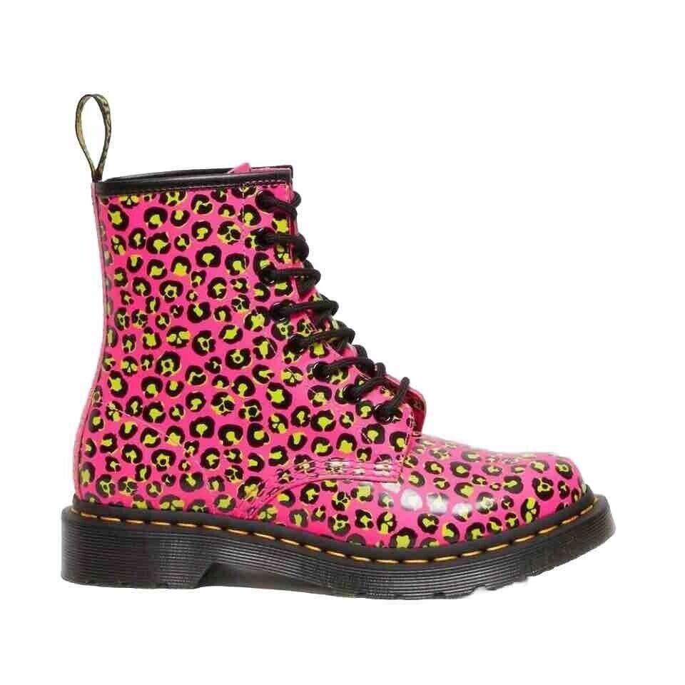 Dr. Martens Women`s 1460 Leopard Smooth Leather Lace Up Boots Pink Size US 7