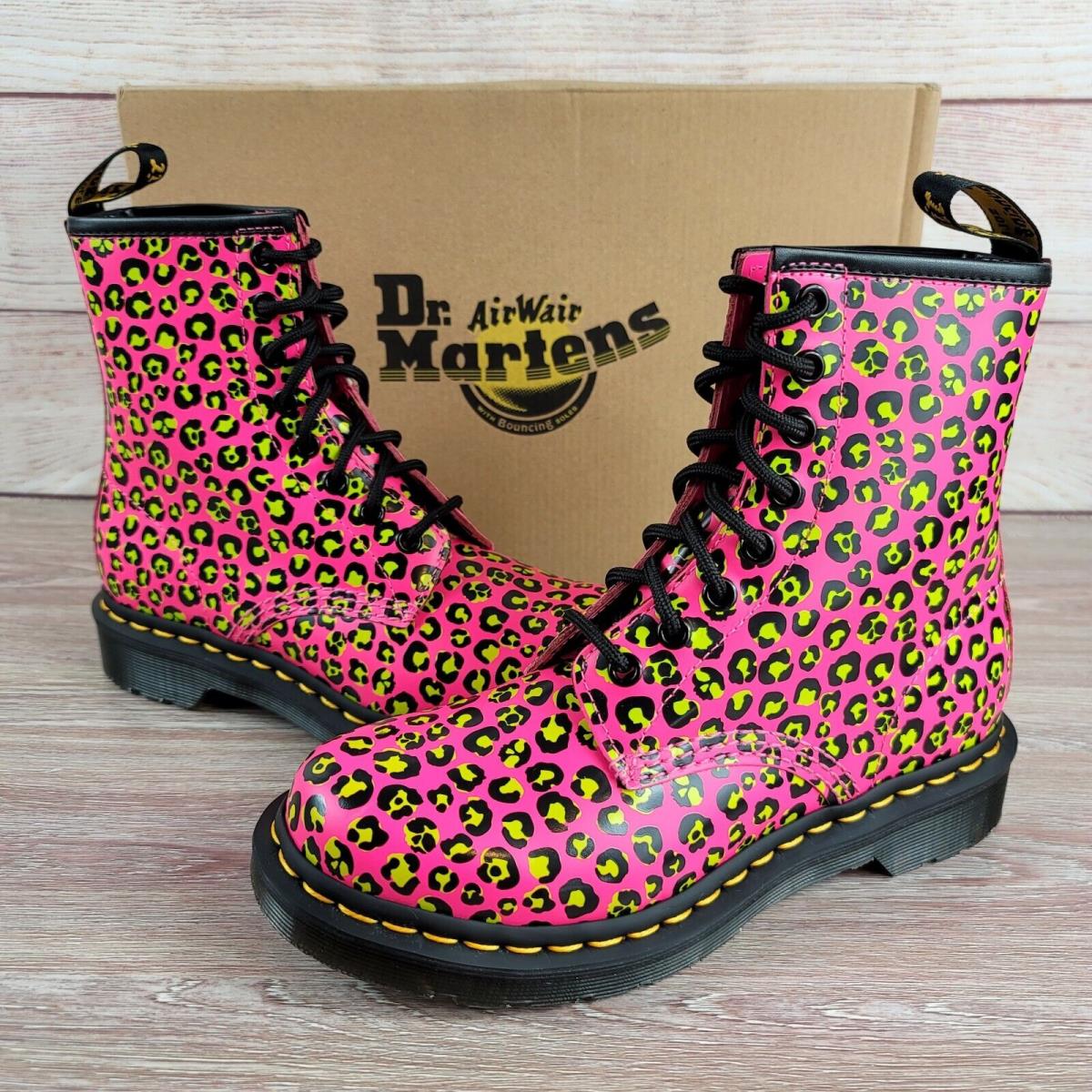 Dr. Martens 1460 Pink Leopard Combat Boots Women`s Size 6 Moto Biker Shoes