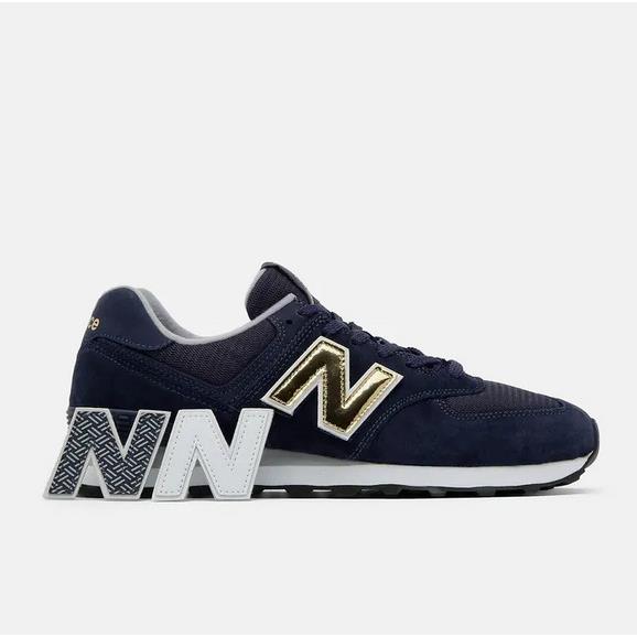 New Balance 574 Navy White Olympic Gold Suede