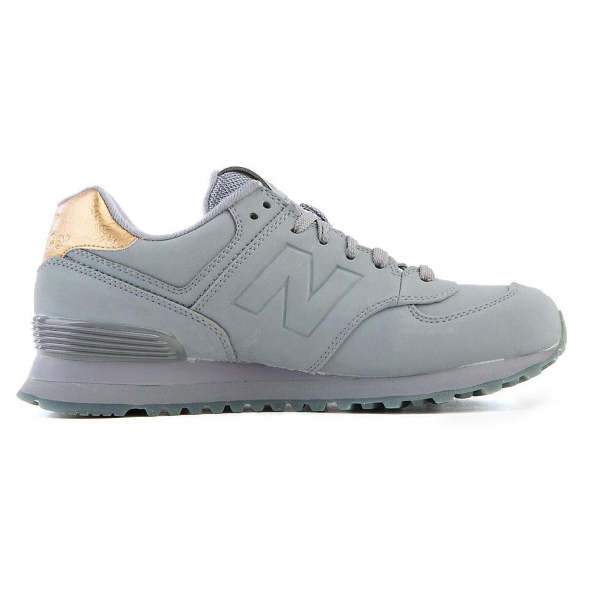 New Balance Women`s WL574MTA Molten Metal Suede Sneakers Grey/gold Size 6.5