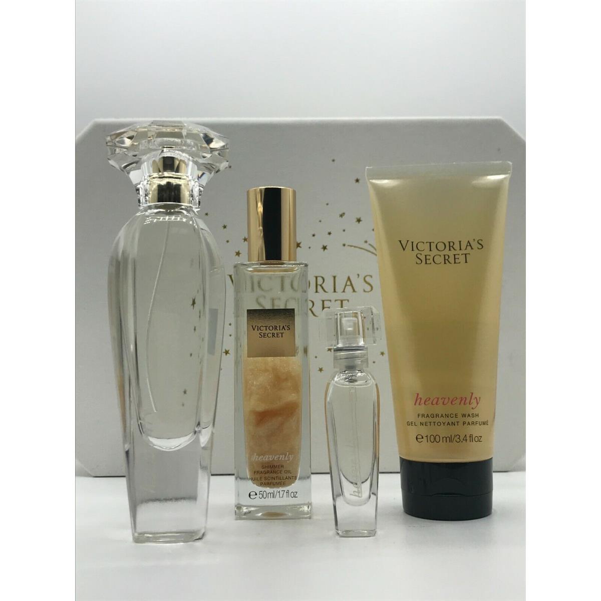 Victoria`s Secret Heavenly 4pc Set Parfum Spray 1.7 oz Mini Spray Shimmer Oil 1.7 Shower Gel 3.4