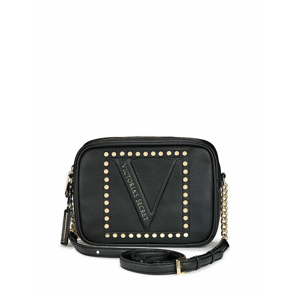 Victoria`s Secret The Victoria Top Zip Crossbody Black V Logo