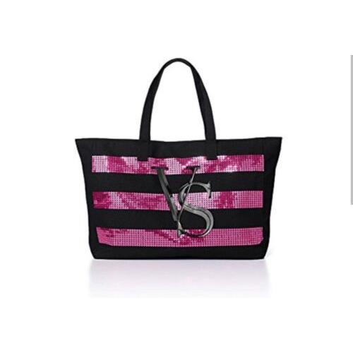 Victorias Secret Pink Sequin Stripe Canvas Tote Large