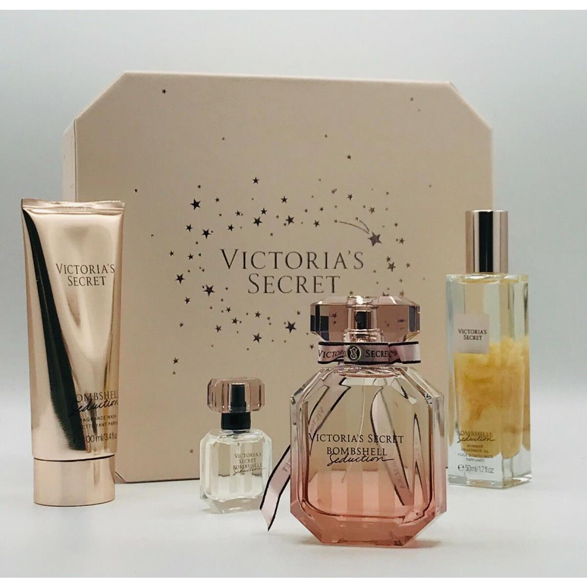 Victoria`s Secret Bombshell Seduction 4pc Set Women Parfum Spray 1.7 oz Mini Shower Gel and Oil