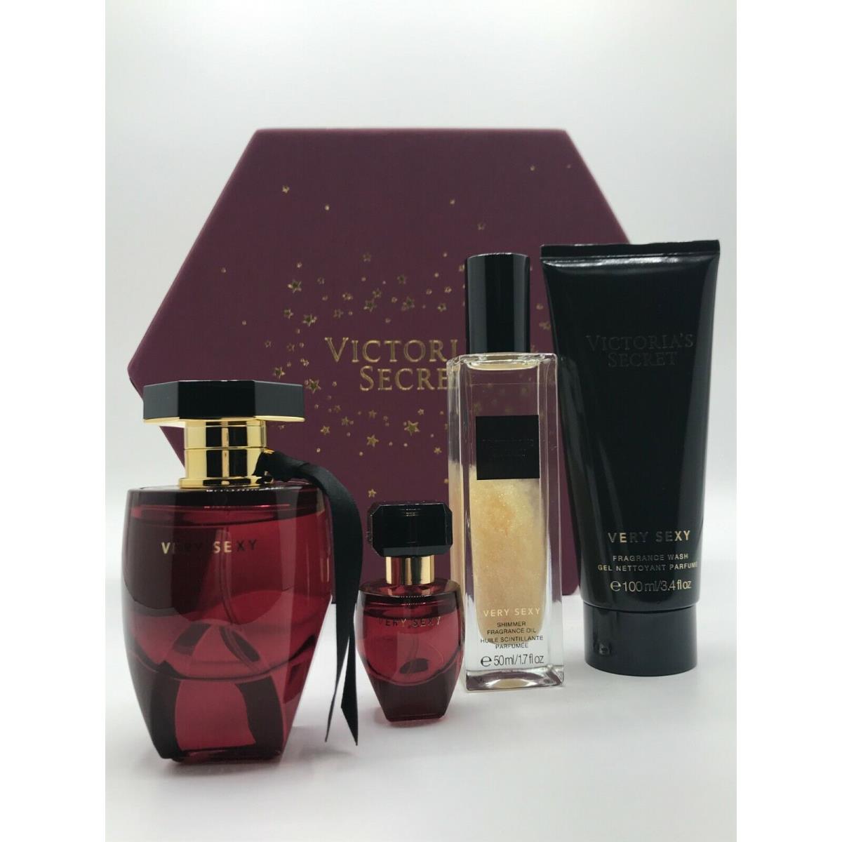 Victoria`s Secret Very Sexy 4pc Set Parfum Spray 1.7 oz Mini Spray Shimmer Oil 1.7 Shower Gel 3.4