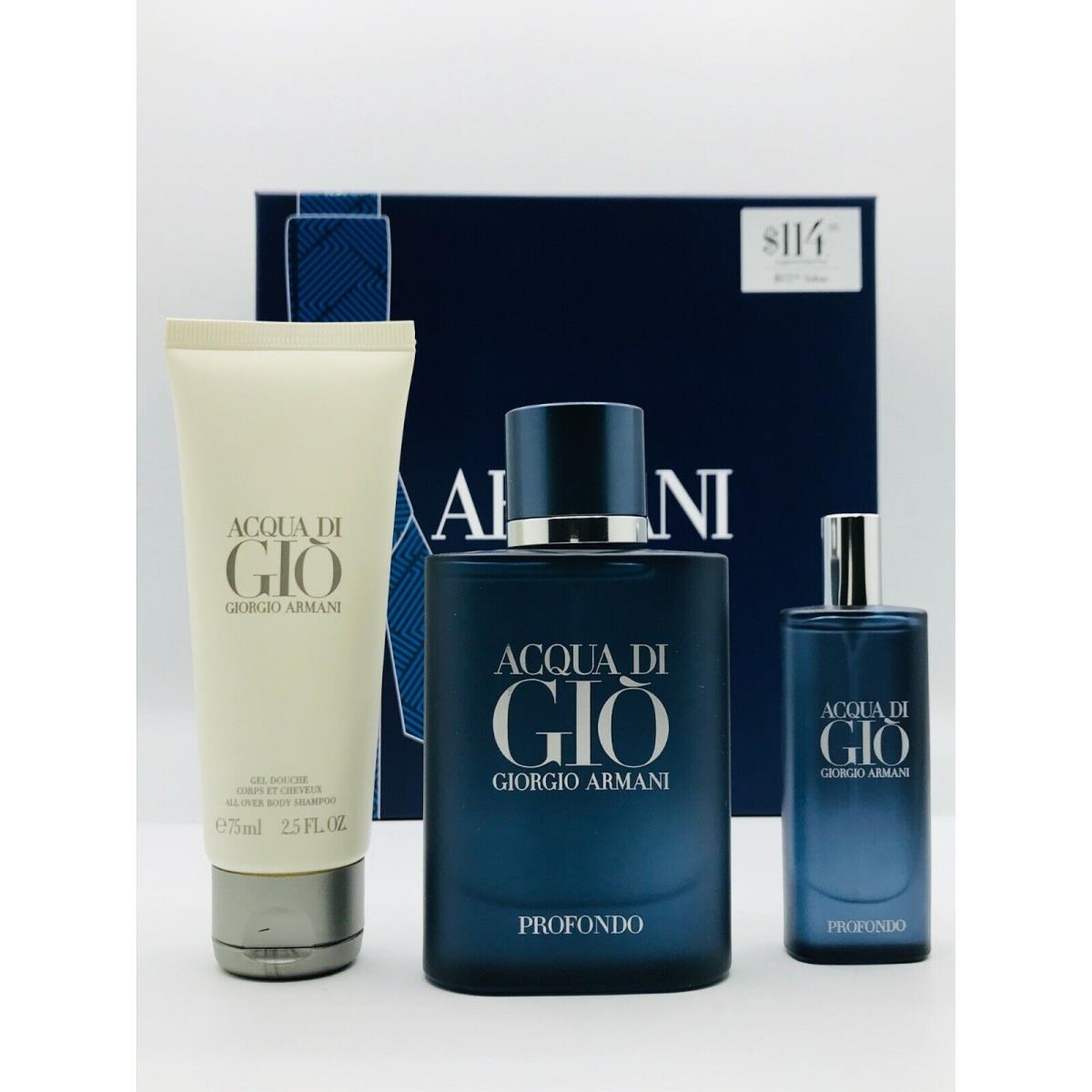 Giorgio Armani Acqua Di Gio Profondo 3pc Set Parfum Spray 2.5 oz Shampoo Travel Spray