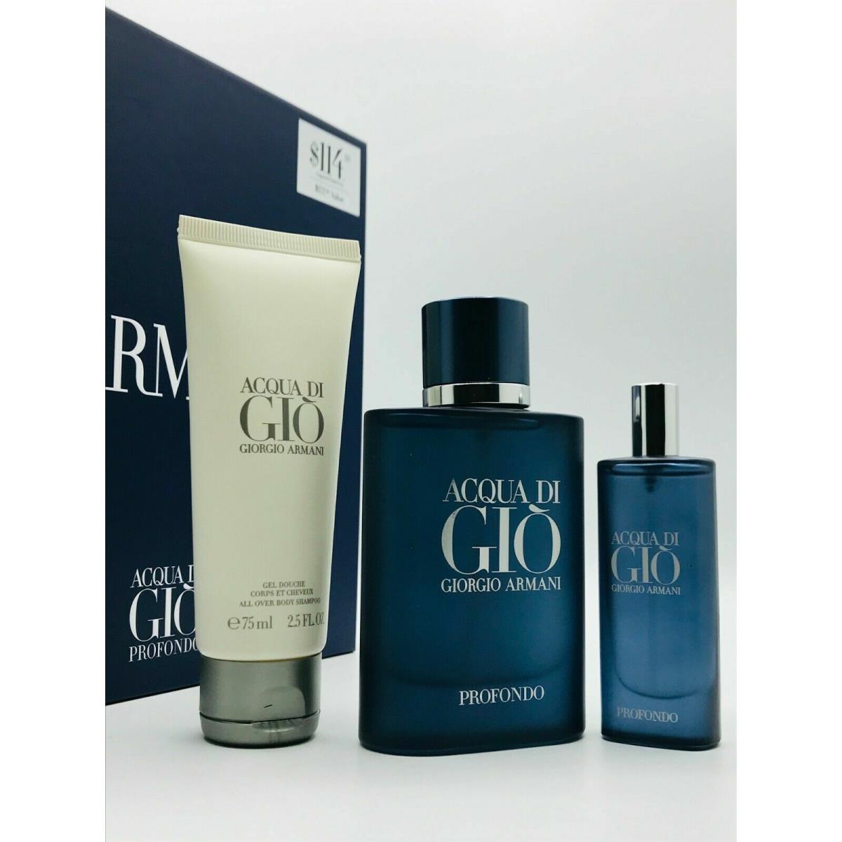 Giorgio Armani Acqua Di Gio Profondo 3pc Set Parfum Spray 2.5 oz Shampoo Travel Spray