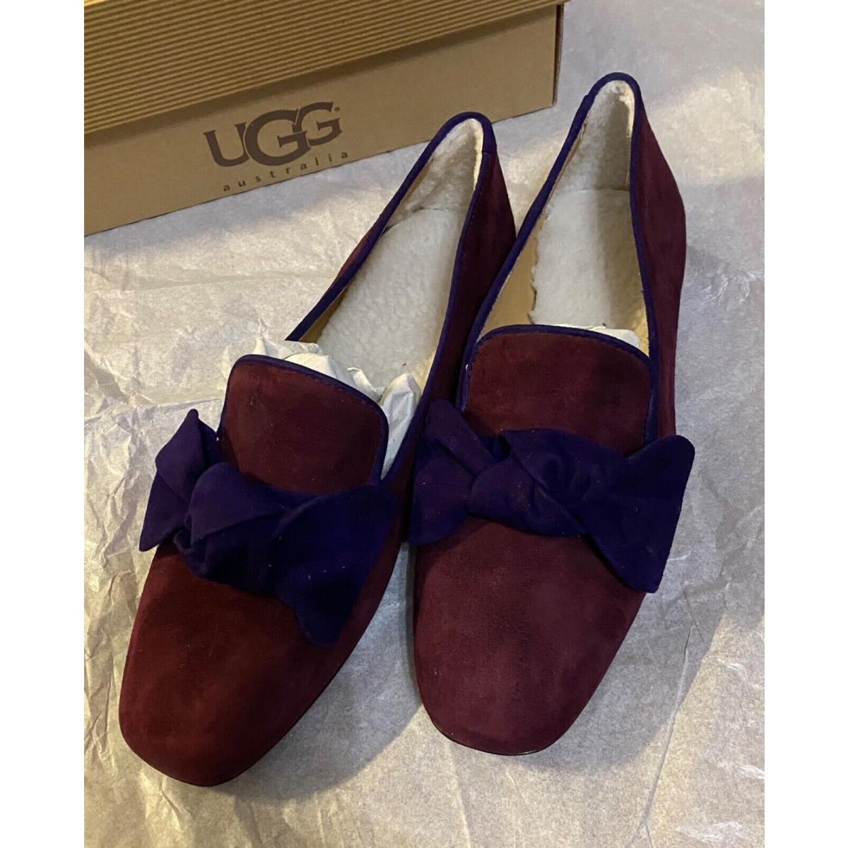 Ugg Lunetta Women`s Burgundy Suede w Amethyst Bow Flats Size 7 Made in Italy