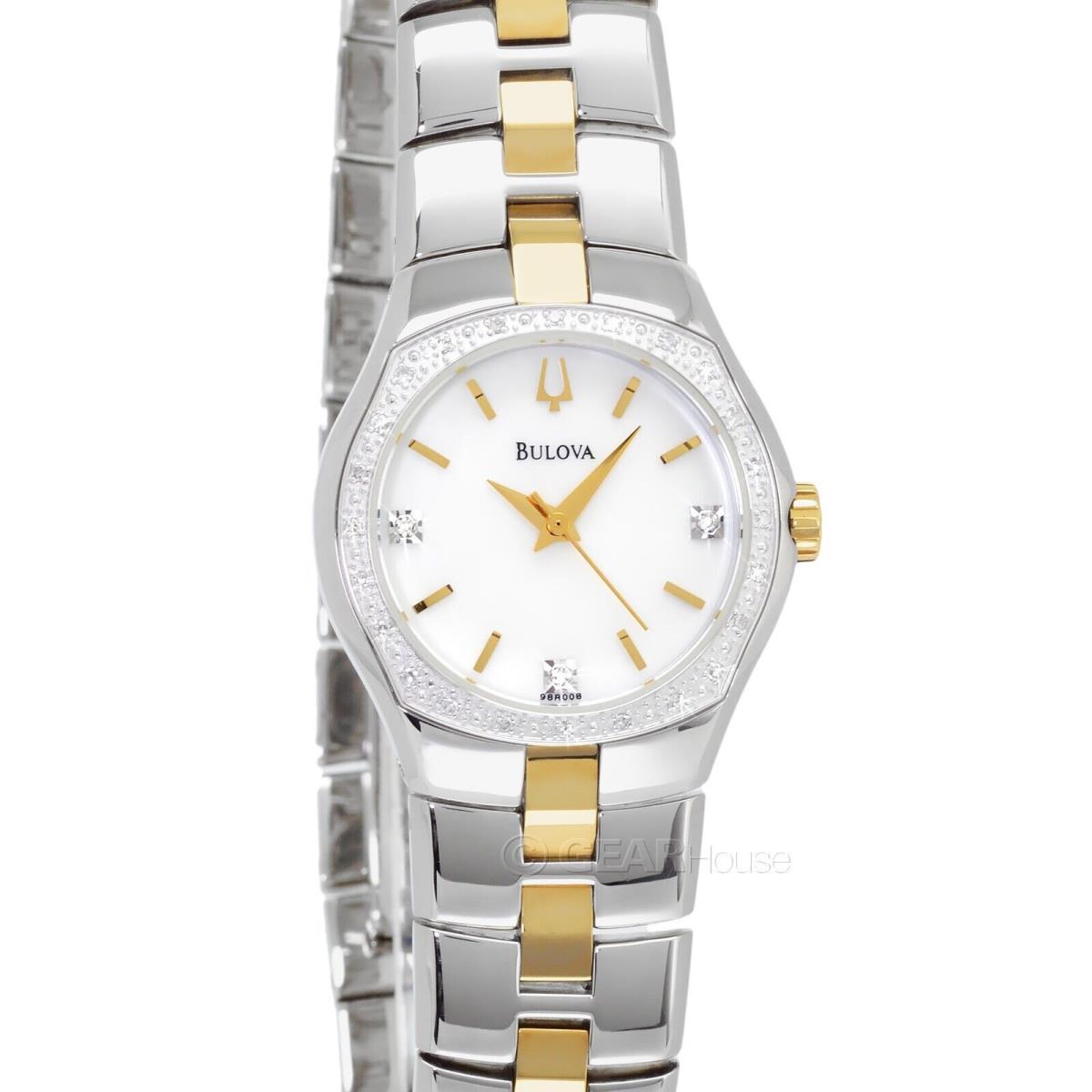 Bulova Womens 27 Diamonds Dress Watch White Mop Dial Two Tone Gold Silver Band