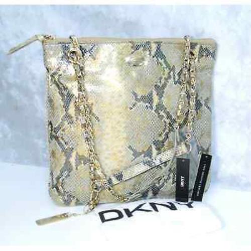 Dkny Gold Python Snakeskin Leather Handbag Shoulder Crossbody Chain Purse