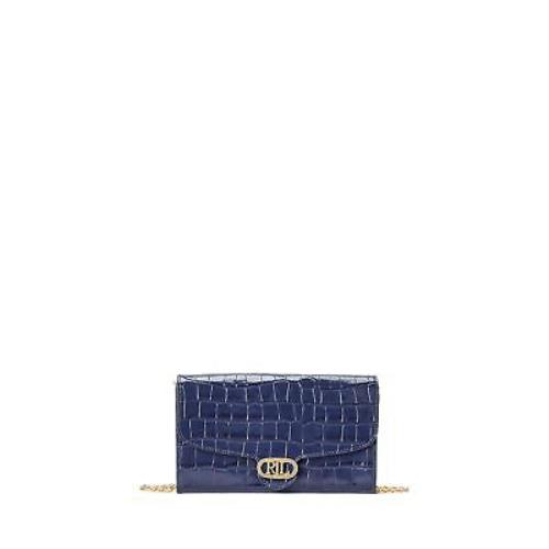 Woman`s Handbags Lauren Ralph Lauren Embossed Leather Adair Wallet Crossbody - French Navy, Exterior: Multicolor