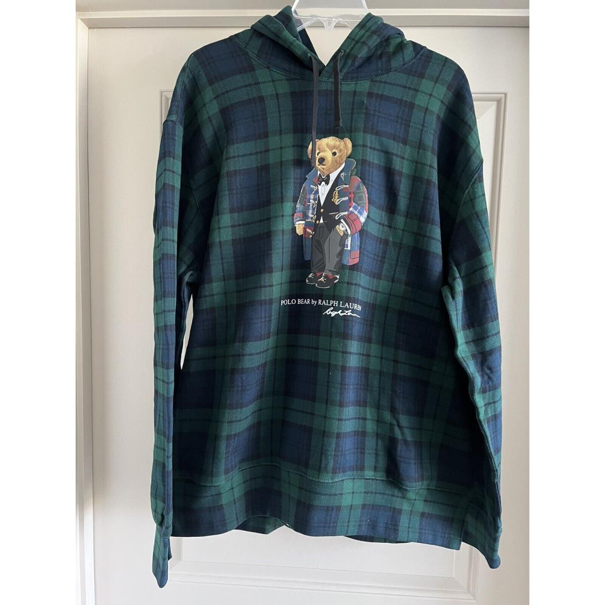 Ralph Lauren Polo Bear Fleece Hoodie Pullover Green Tartan Plaid Men`s XL