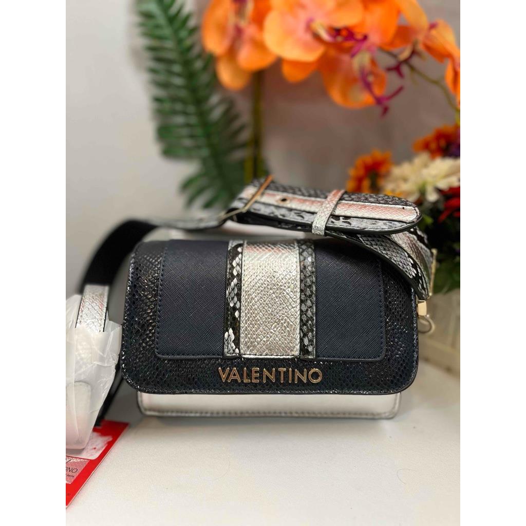 Mario Valentino Metallic Silver Snakeskin Motif Leather Crossbody Bag