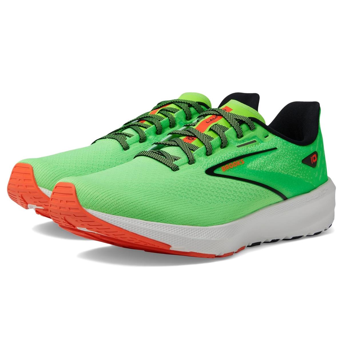 Man`s Sneakers Athletic Shoes Brooks Launch 10 Green Gecko/Red Orange/White