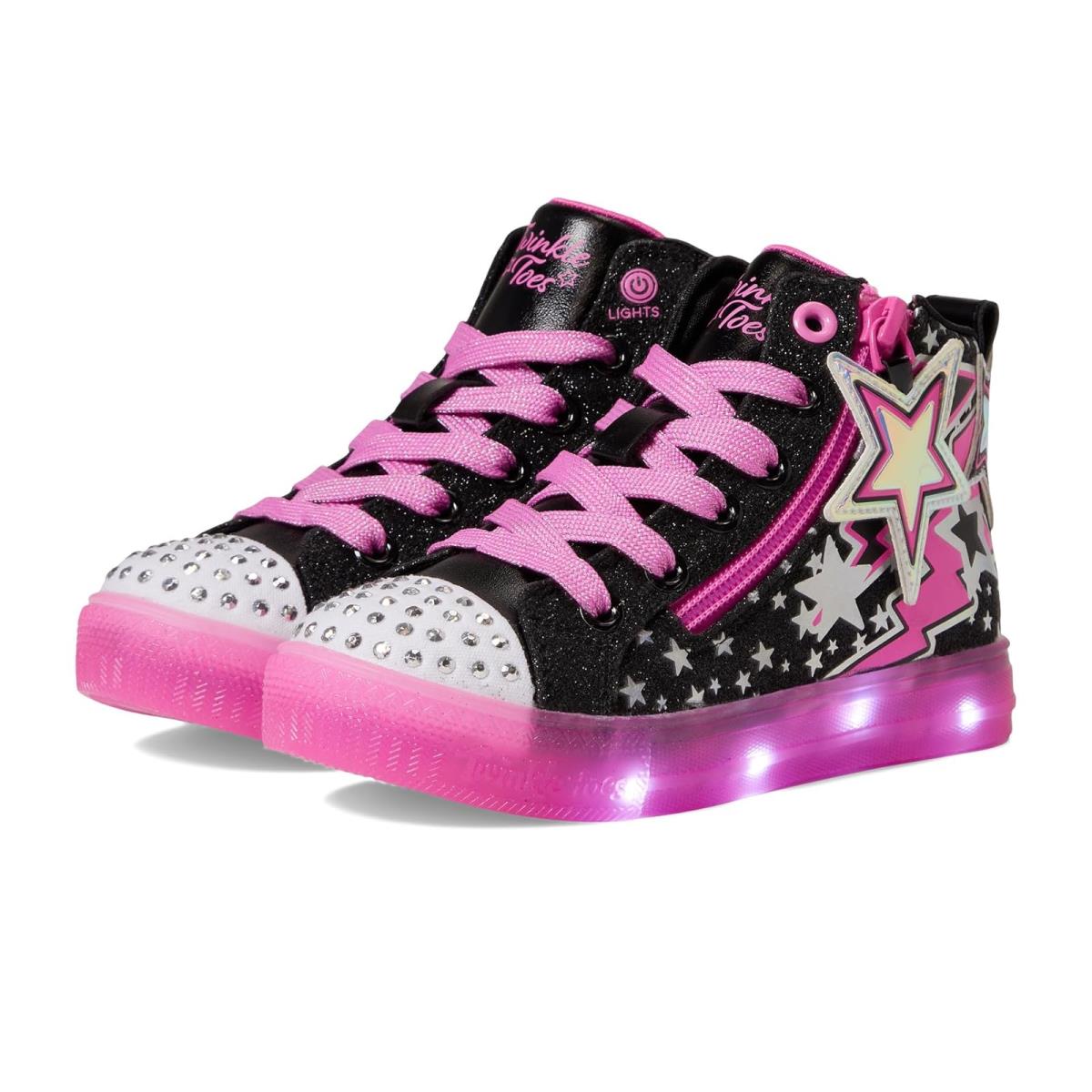 Girl`s Shoes Skechers Kids Shuffle Brights - Electric Star 314276L Little Kid Black/Hot Pink
