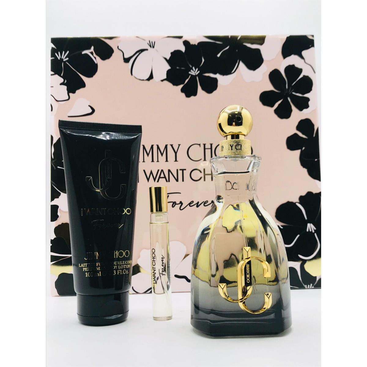 I Want Choo Forever Women 3pc Set Parfum Spray 3.3 oz Body Lotion Mini Spray