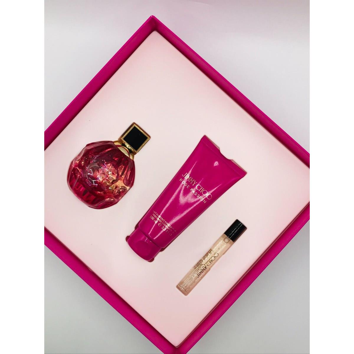 Jimmy Choo Rose Passion 3pc Set Parfum Spray 3.3oz Body Lotion 3.3oz Mini Spray