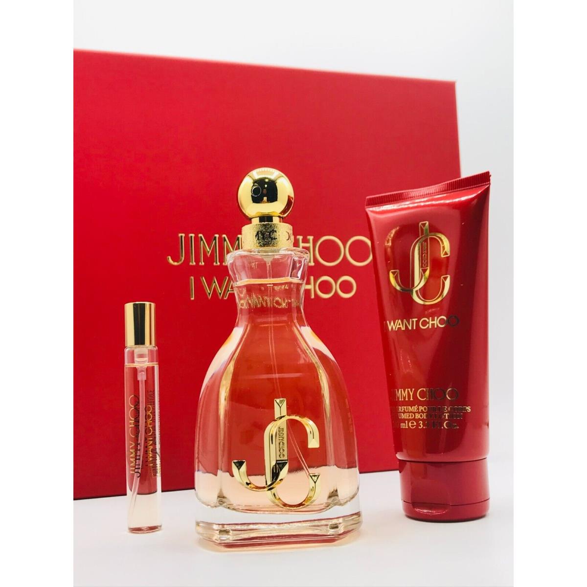 I Want Choo Women 3pc Set Parfum Spray 3.3 oz Body Lotion Mini Spray