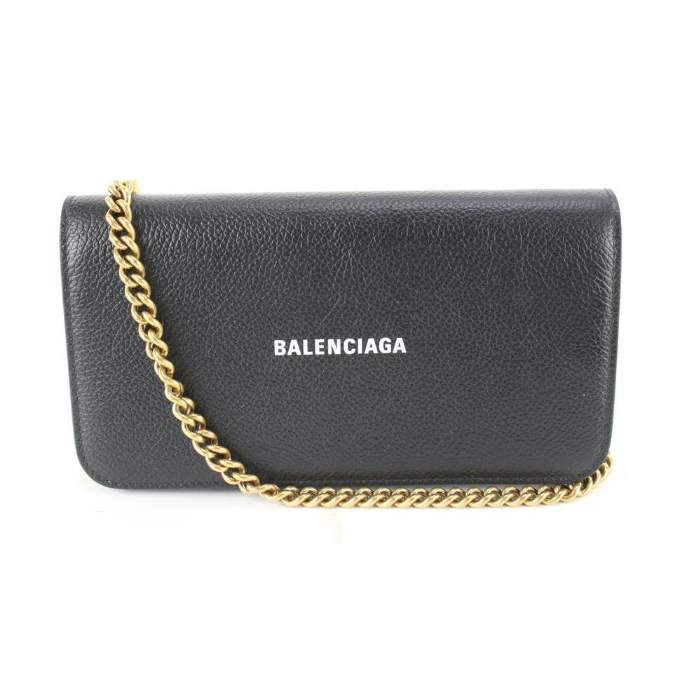 Balenciaga Black Leather Classic Logo Wallet on Chain Gold Chain 48ba624s