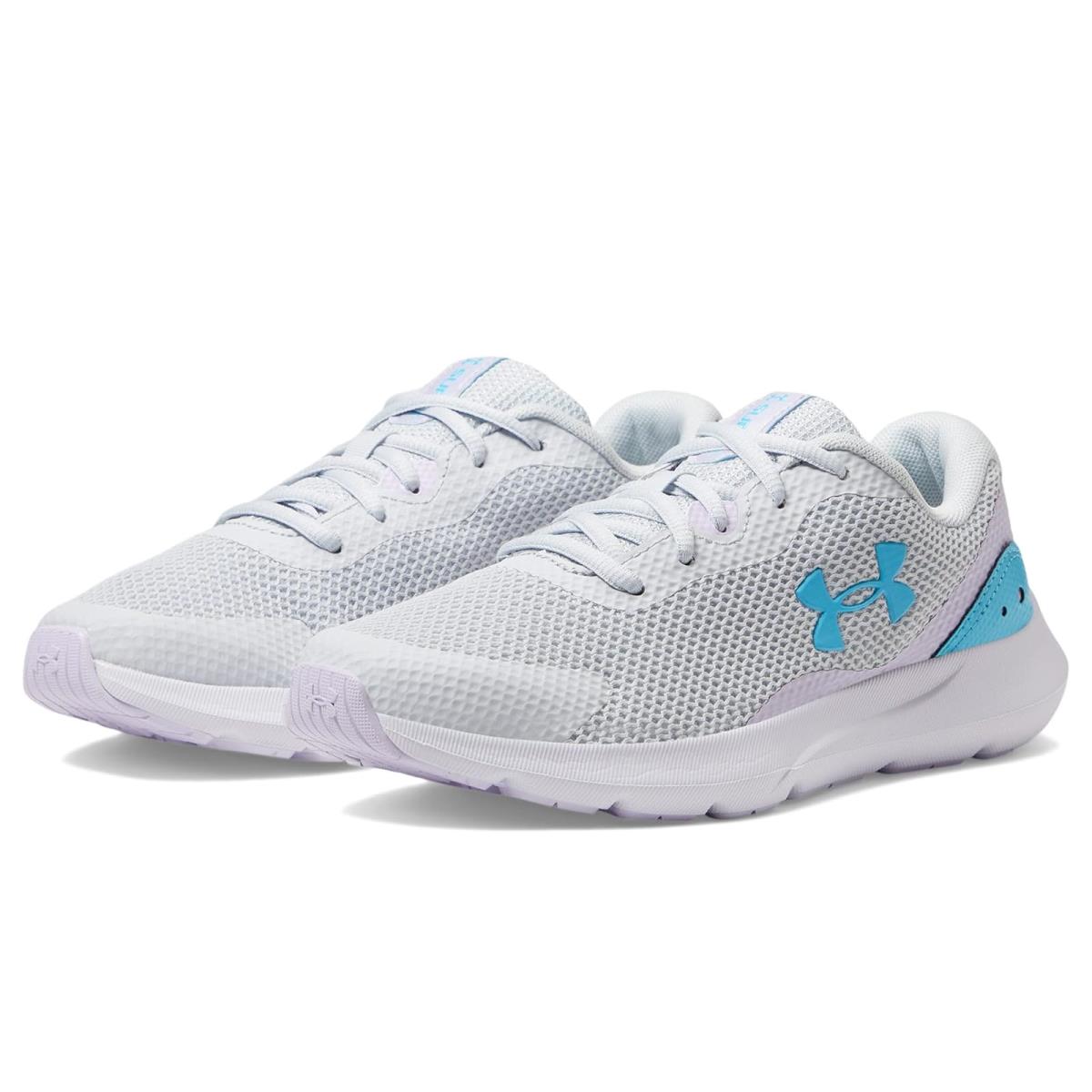 Girl`s Sneakers Athletic Shoes Under Armour Kids Surge 3 Big Kid Halo Gray/Nebula Purple/Blue Surf