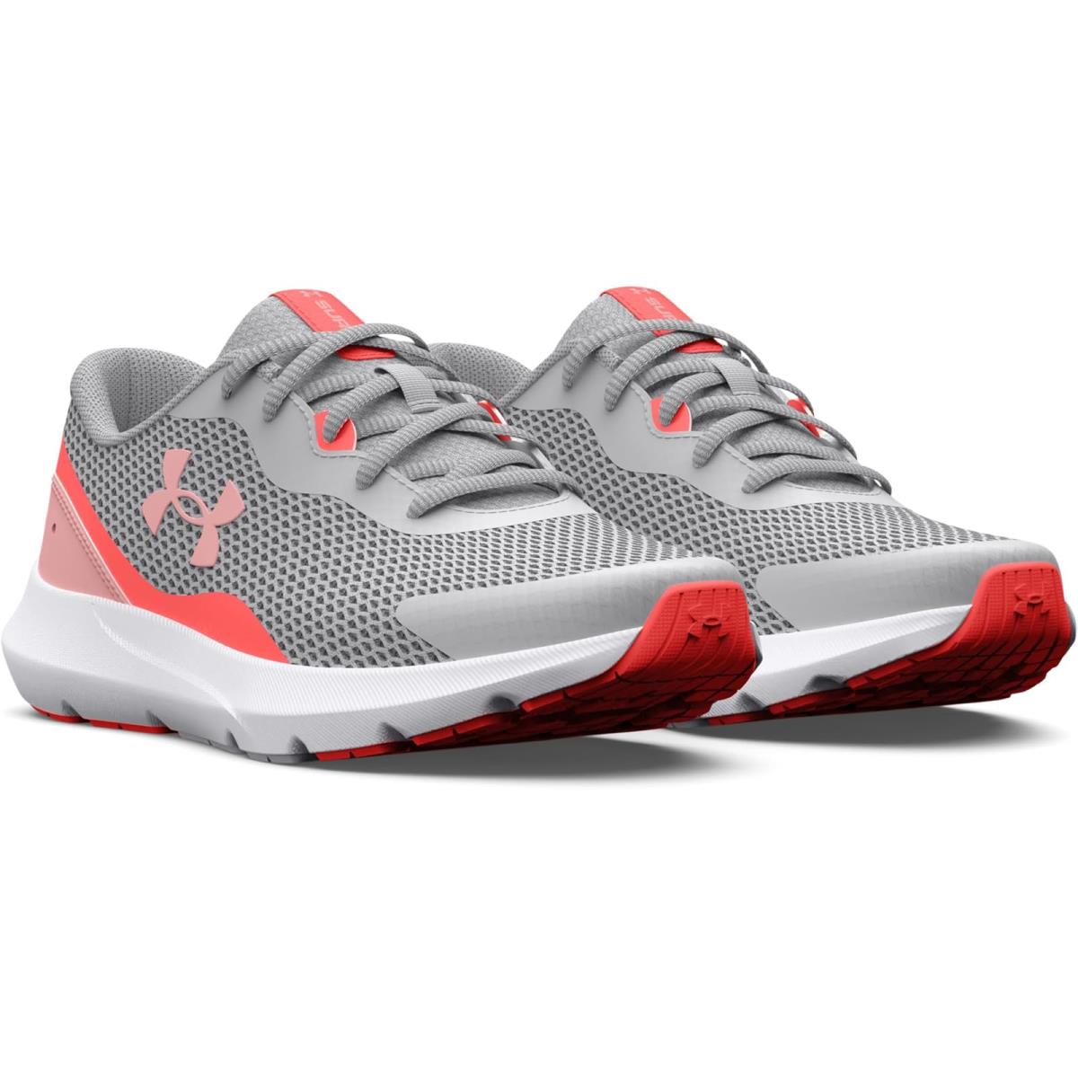 Girl`s Sneakers Athletic Shoes Under Armour Kids Surge 3 Big Kid Halo Gray/Venom Red/Pink Fizz