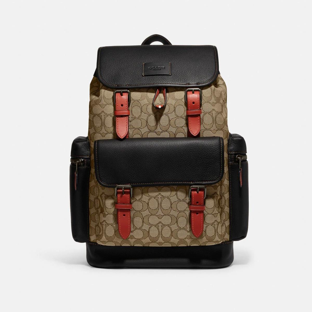 Coach Men`s Sprint Backpack In Signature Jacquard CE523 Black Antique Nickel/Khaki/Black Multi