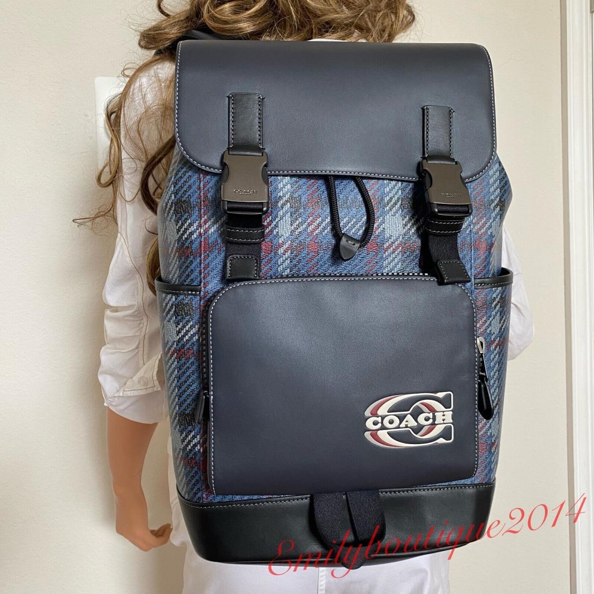 Coach Men s Canvas Leather W Plaid Print Coach Stamp Track Backpack Navy