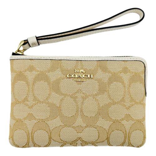 Coach Double Corner Zip Wristlet In Signature Canvas Beige Tan Brown