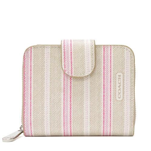 Coach Legacy Weekend Tickings Stipe Meduim Zip Wallet 49251P Sv/khaki Pink