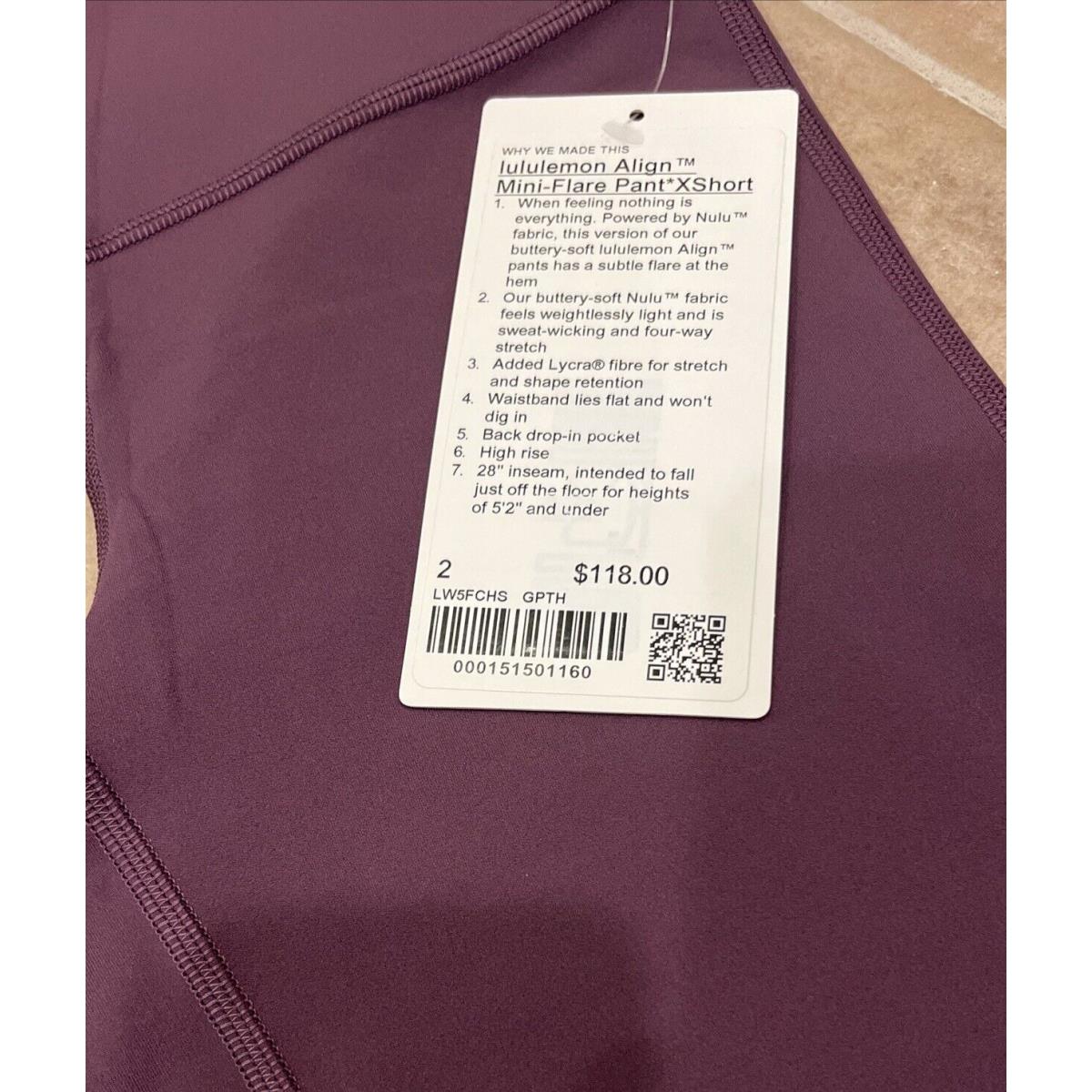 Lululemon Align Mini Flare Pant Xshort Size 2 Grape LW5FCHS