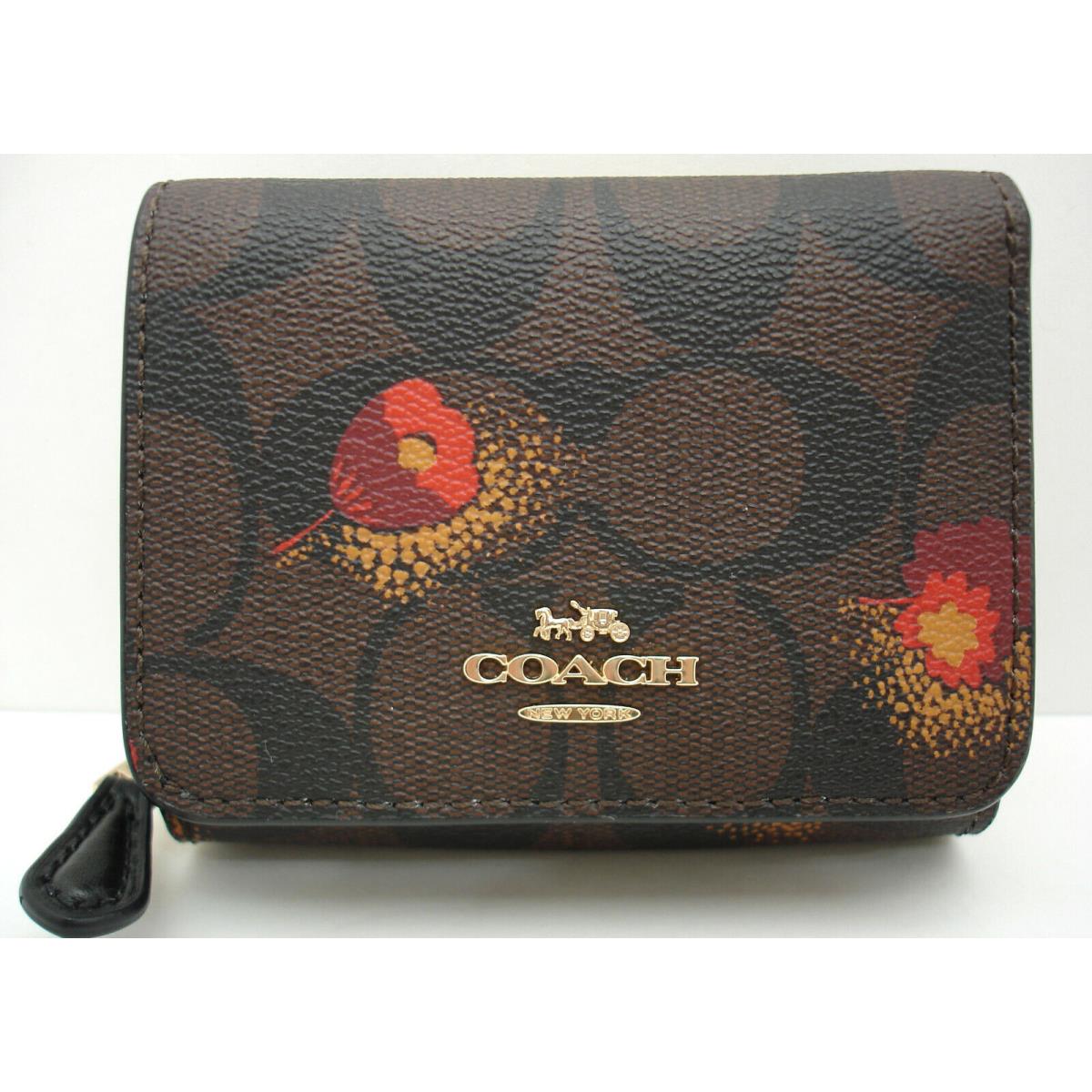Coach Signature Canvas Poppy Floral Print Trifold Wallet Brown Black/gold - Exterior: Poppy Floral Print