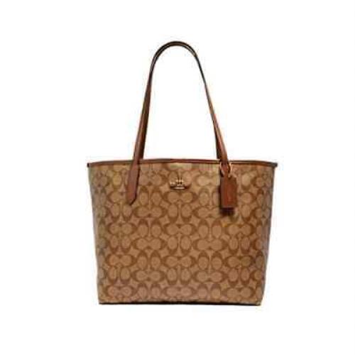 Coach Womens City Tote In Signature Canvas Khaki Saddle 2 - Brown, Exterior: Fabric typeCanvas,Leather