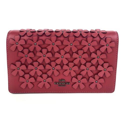 Coach Callie Crossbody Chain Clutch Floral Applique Leather Foldover Flap Red
