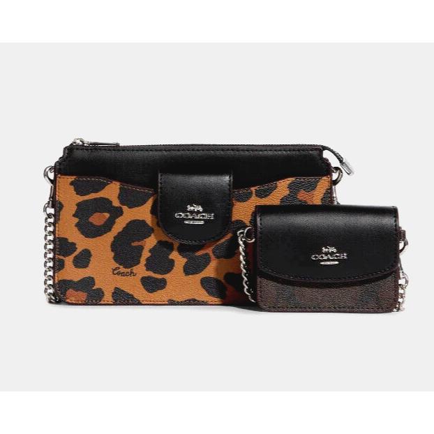 Coach CC868 Poppy Crossbody with Card Case with Leopard Print and Signature