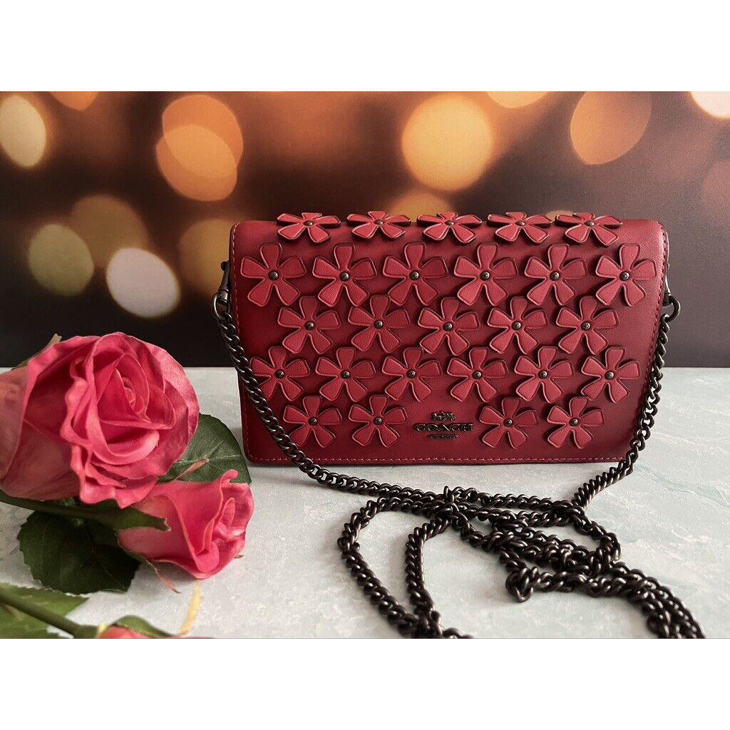 Coach Callie Glove Tan Leather Chain Clutch Floral Applique 835 Red