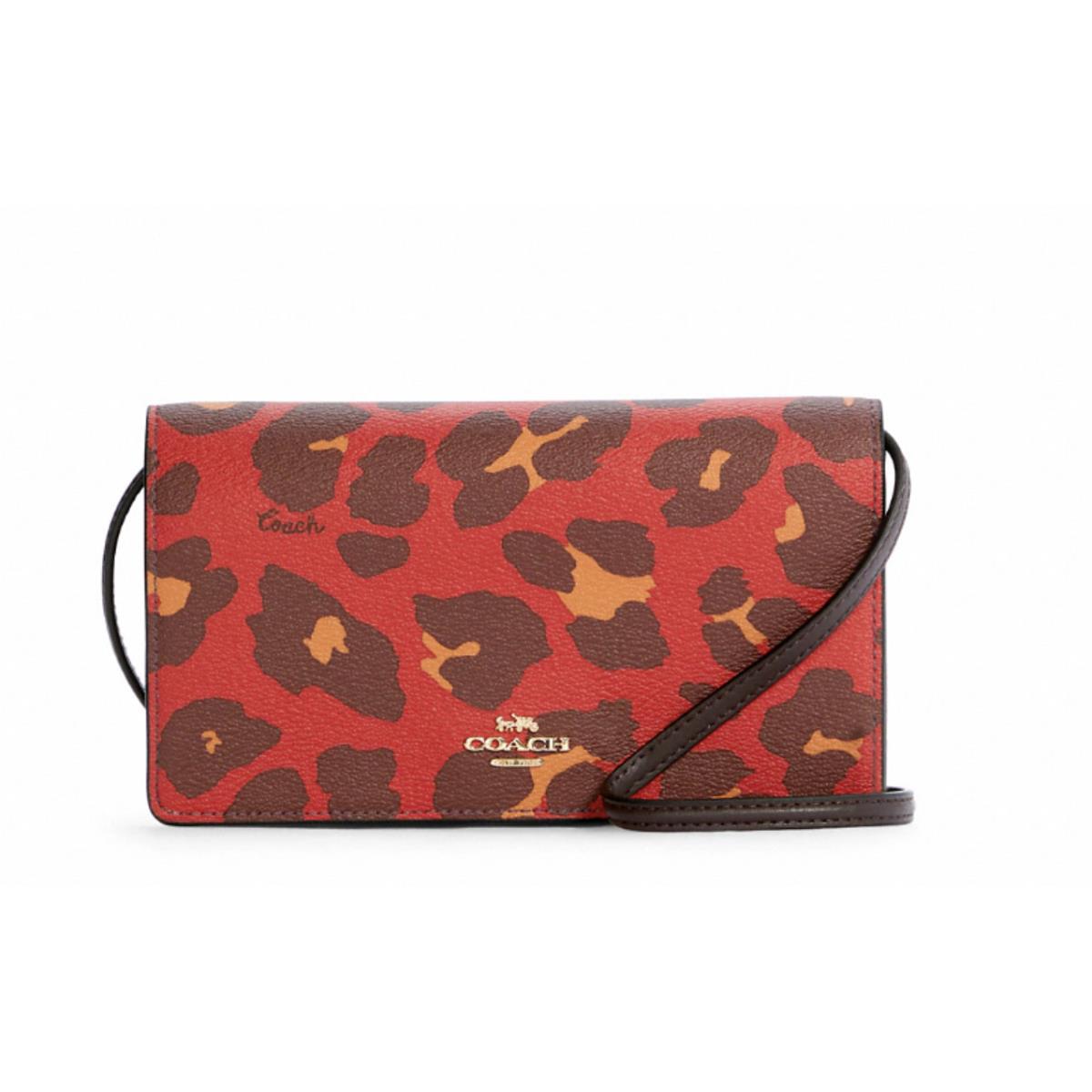 Coach Anna Foldover Crossbody Clutch Leopard Print Bright Poppy