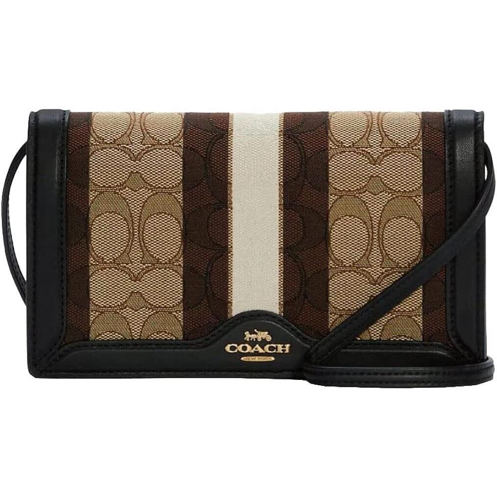 Coach Anna Foldover Crossbody Clutch Jacquard Khaki Black Stripes C5884